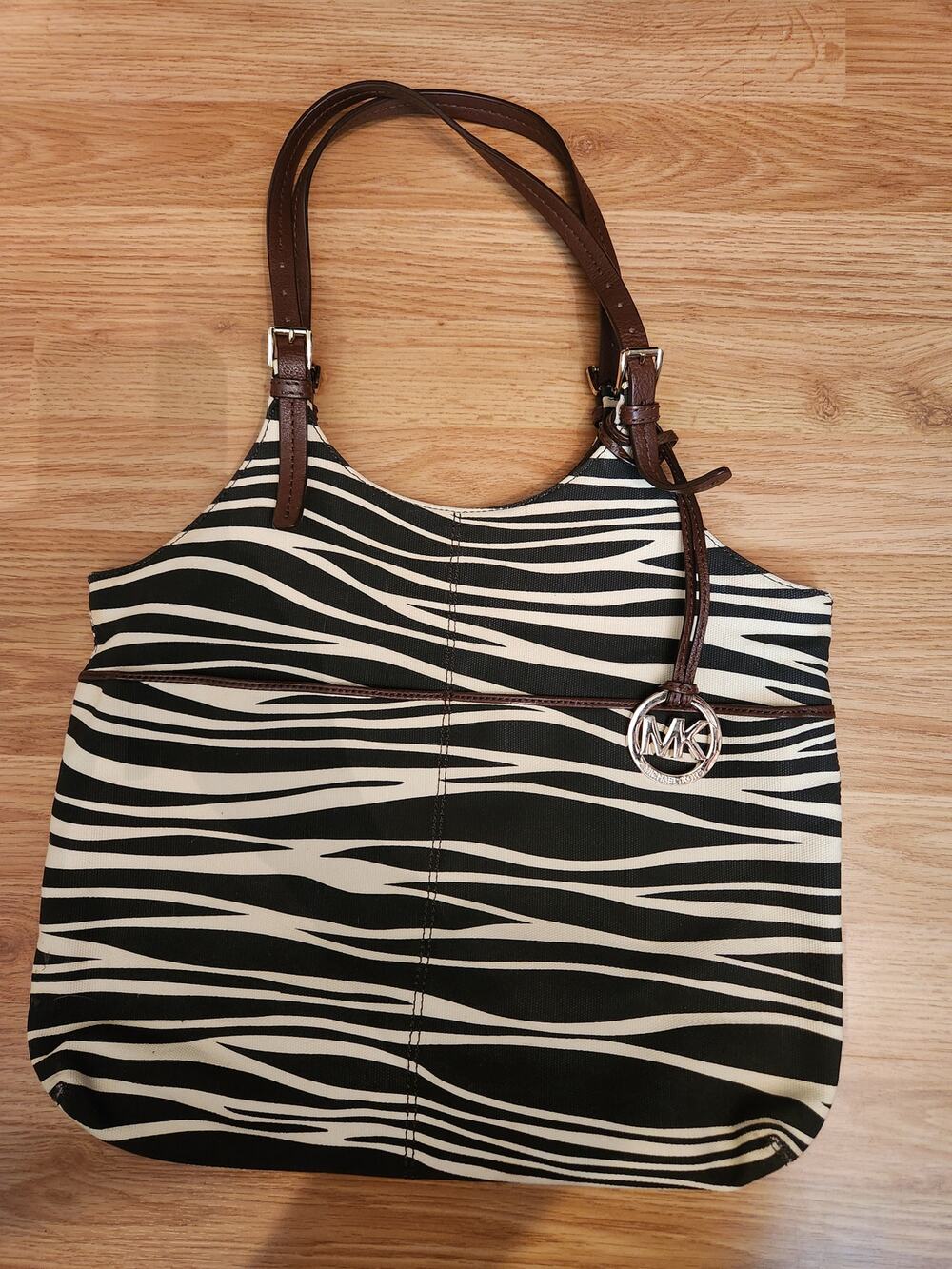 Michael Kors Zebra Print Canvas Shoulder Bag Brown Leather Straps Y2K Vintage